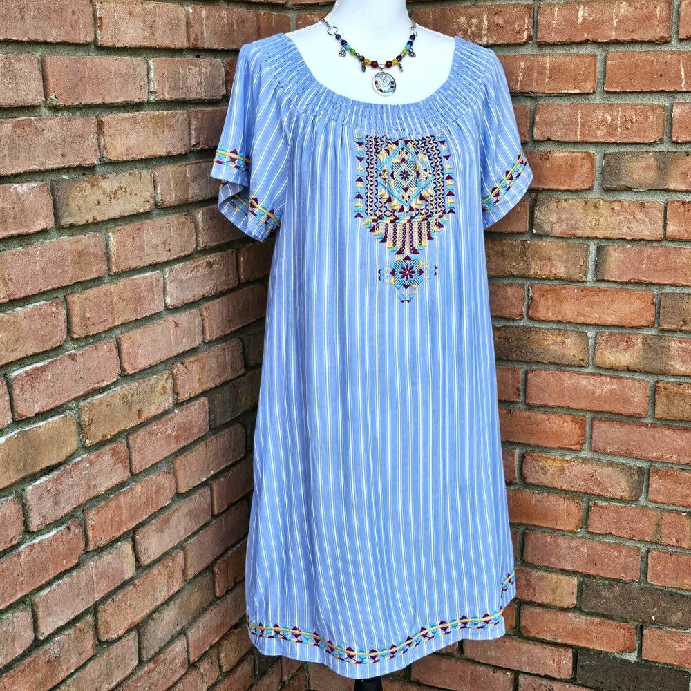Andree by UNIT Dress. Blue White Striped Colorful Southwestern Embroidery Size M - Picture 5 of 15